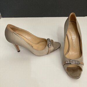 Pedro Garcia Women's Julie Satin Peep Toe Pumps, Jeweled Buckle Sz 37.5/7.5